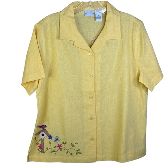 Kim Rogers Yellow Linen Blend Button Down Crop Shirt Embroidered Birds Medium P - Picture 2 of 9